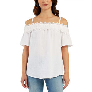 BCX Juniors' Crochet-Trimmed Off-The-Shoulder Blouse Top Short Sleeve Sz L White